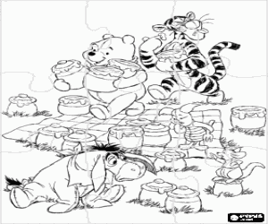 Coloriage Puzzle de Winnie l'Ourson et ses amis � un pique-nique � la campagne, tous les aliments sont des pots de miel