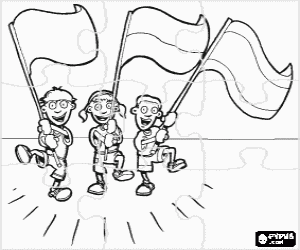 Coloriage Puzzle des enfants avec de grands drapeaux