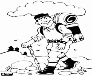 Coloriage Randonneur dans son voyage avec le sac � dos et un b�ton de marche, la pratique de la randonn�e p�destre