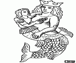 Coloriage Reine des Sir�nes avec une couronne portant dans des bras une petite sir�ne