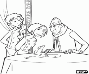 Coloriage R�my, Alfredo et Colette avec de le critique culinaire Anton Ego dans le restaurant