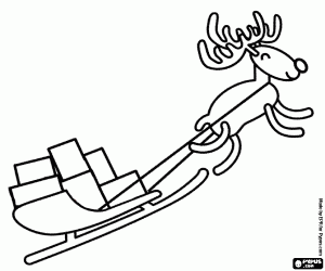 Coloriage Renne du P�re No�l faisant glisser un tra�neau maguique plein de cadeaux de No�l