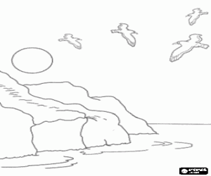 Coloriage Roches sur le bord de la mer avec des mouettes volant