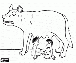 Coloriage Romulus et R�mus, fondateurs de Rome, allait�s par une louve