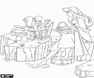 Coloriage Rose, qui est en r�alit� la princesse Aurore, dans les bois � cueillir des baies et en chantant � ses amis animaux