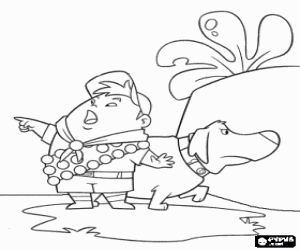 Coloriage Russell avec son chien Dug tr�s vigilants dans la jungle