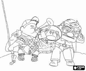 Coloriage Russell jouant une trompette aux c�t� de Carl et Dug � un de ses aventures