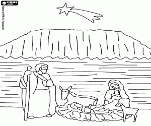 Coloriage Saint-Joseph et Marie avec son Fils J�sus dans la grange avec la mule et un mouton � la lumi�re de l'�toile de Bethl�em