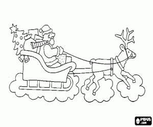 Coloriage Sainte Claus dans son tra�neau magique volant jet� par un je querelle de No�l et charg� de cadeaux