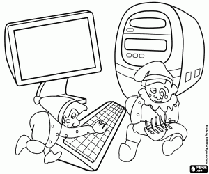 Coloriage Santa Claus elfes en pr�parant le cadeau d'un ordinateur