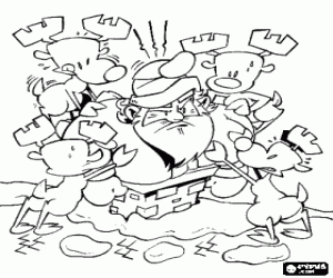 Coloriage Santa Claus en difficult� pour passer par la chemin�e, les rennes sont le poussant
