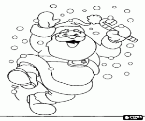 Coloriage Santa Claus en sautant de joie sous les flocons de niege