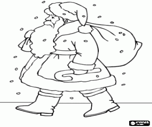 Coloriage Santa Claus portant un sac rempli de cadeaux sous la neige