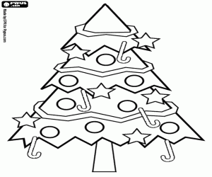 Coloriage  Sapin ou arbre de No�l d�cor� avec des �toiles, les boules de couleur et b�tons de bonbons