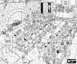 Coloriage Sc�ne d'un repas m�di�val dans le salon du ch�teau ou le palais avec de la performance du bouffon et les musiciens � l'avant de la table principale