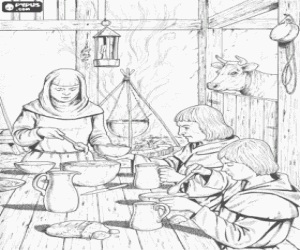 Coloriage Sc�ne de l'int�rieur de la maison d'une humble famille de paysans � lunch