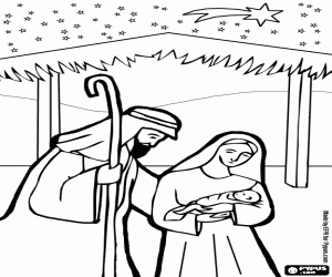 Coloriage Sc�ne de la Naissance de Jesus dans une �cuire pr�s de Bethl�em, sous un ciel �toil�