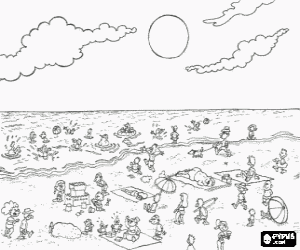 Coloriage Sc�ne de plage � l'�t� -  Diff�rentes activit�s en mer et la plage