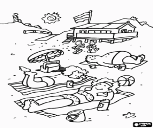 Coloriage Sc�ne de plage - Les gens prenant un bain de soleil tandis que d'autres viennent avec un casse-cro�te de cr�me glac�e