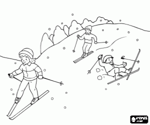 Coloriage Sc�ne typique d'hiver avec des enfants faint du ski � la montagne
