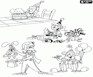 Coloriage Sc�nes typiques de la f�te d'anniversaire: un gar�on soufflant les bougies, une fille avec des cadeaux, un magicien sortant un lapin d'un chapeau et un clown tr�s dr�le