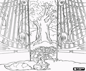 Coloriage Scrat, l'�cureuil dent sabre obs�d� par les glands, h�b�t� devant la porte du paradis des glands