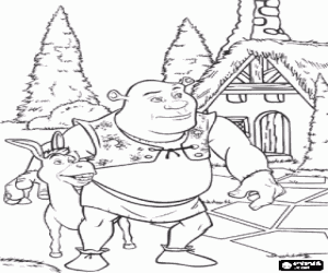 Coloriage Shrek et l'�ne, deux amis se promenant dans la ville