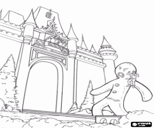 Coloriage Shrek et ses amis tentent de p�n�trer dans le ch�teau avec l'aide d'un biscuit g�ant, un grand homme de pain d'�pice