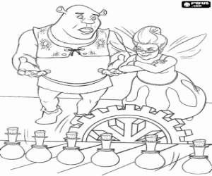 Coloriage Shrek parle � la Bonne F�e sur la formule magique "Heureusement pour toujours"