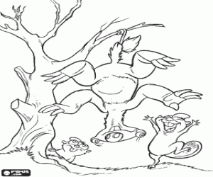 Coloriage Sid le paresseux pendant de la branche d'un arbre par la queue sous le regard dr�le des castors