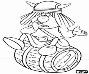 Coloriage Snorre, le viking le plus court, assis sur un tonneau