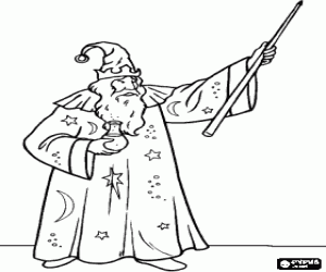 Coloriage Sorcier avec la potion magique et la baguette magique