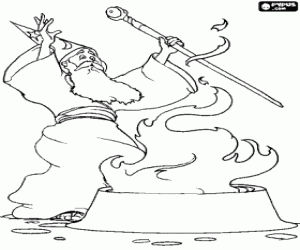 Coloriage Sorcier avec le feu, avec la baguette magique et le chapeau en forme de c�ne