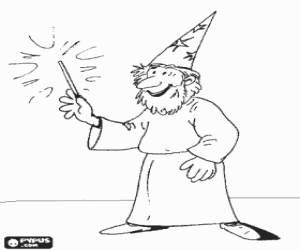 Coloriage Sorcier ou magicien sourint avec la baguette et le chapeau en forme de c�ne