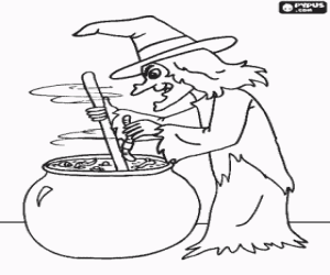 Coloriage Sorci�re � pr�par�e une potion magique avec le bizarre ingr�dients comme des vers