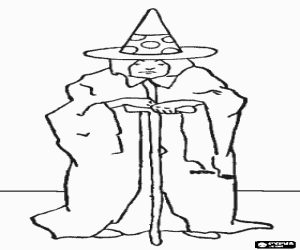 Coloriage Sorci�re avec chapeau en forme de c�ne et s'appuyant sur un b�ton