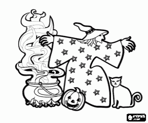 Coloriage Sorci�re la nuit d'Halloween avec le chaudron bouillonnant, la citrouille et le chat