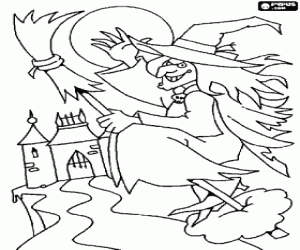 Coloriage Sorci�re m�chante de son balai magique volant vers le ch�teau sur une nuit de pleine lune