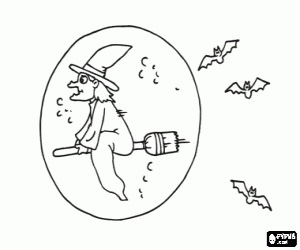 Coloriage Sorci�re volant sur son balai magique en face la pleine lune suivie d'unes chauve-souris
