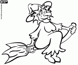 Coloriage Sorcier�re volant de sa balai magique dans la nuit de l'Halloween
