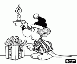 Coloriage Souris avec un chapeau de P�re No�l tr�s heureux de trouver son cadeau de No�l