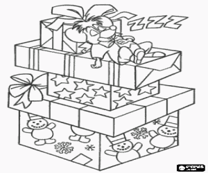 Coloriage Souris dormaint paisiblement sur un tas de cadeaux