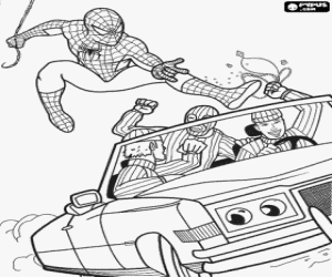 Coloriage Spider Man en sautant sur une voiture d�capotable avec des voleurs et leur bot�n