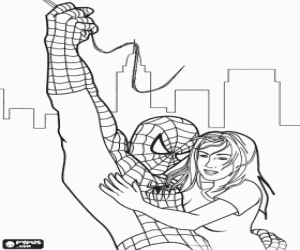 Coloriage Spiderman avec une jeune dans des bras accroch�s d'une toile d'araign�e par le ciel de la ville