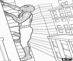 Coloriage Spiderman escaladant d'un immeuble avec sa superpuissance adh�rents � presque toutes les surfaces