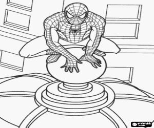 Coloriage Spiderman, l'home-araign�e, accroupi sur le toit de la coupole d'un b�timent