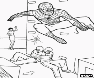 Coloriage Spiderman, le super h�ros, fuyant apr�s la capture de deux voleurs et les laissant � �galit� avec sa toile d'araign�e