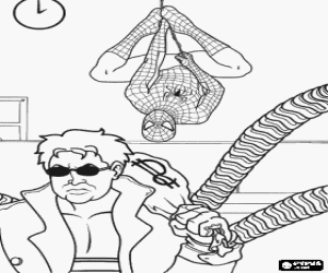 Coloriage Spiderman suspendus au plafond en observant comme Docteur Octopus prive de l'argent de la banque
