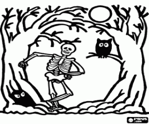 Coloriage Squelette et hibou dans les bois avec une pleine lune dans la nuit de l'Halloween