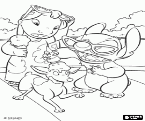 Coloriage Stitch fait le mal, jette le glace sur la t�te d'un chien